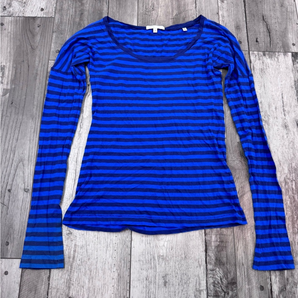 Vince Small Cotton Striped Long Sleeve Tee Everyday Casual Blue Lightweight
